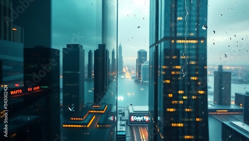 Rainy Cityscape Viewed Through A Glass Window photo