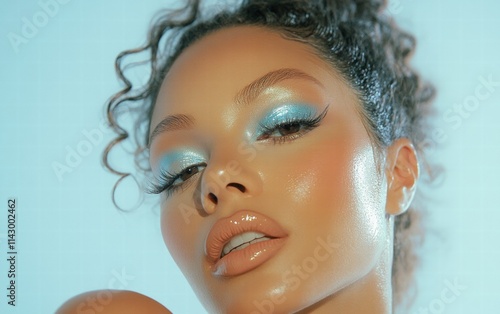 A glowing woman with pastel blue and silver eyeshadow, thick lashes, and soft peach lips on a clean white backdrop photo