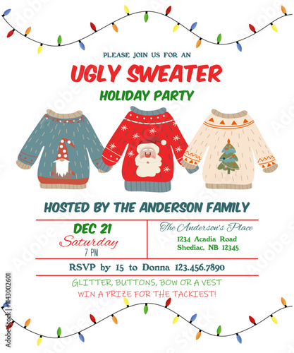 New year's Eve party invitation ugly sweater. Invitation with text. Vector illustration