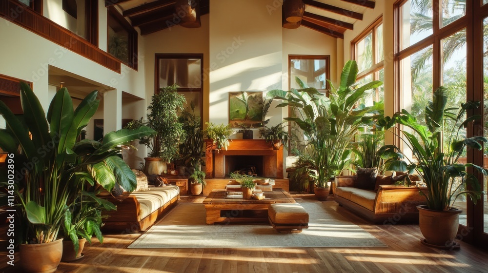 Fototapeta premium Sunlit living room with hardwood floors, large windows, fireplace, and abundant tropical plants.