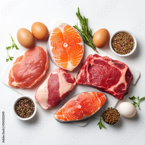 Various natural food, high animal protein sources - pork, beef meat steaks, chicken breast fillet, eggs, salmon fish on white table background top view copy space  photo