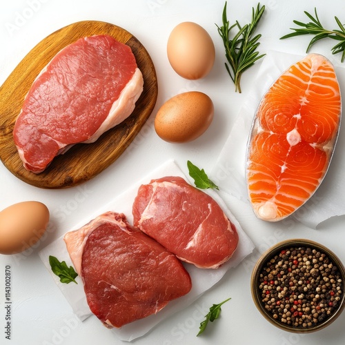 Various natural food, high animal protein sources - pork, beef meat steaks, chicken breast fillet, eggs, salmon fish on white table background top view copy space  photo