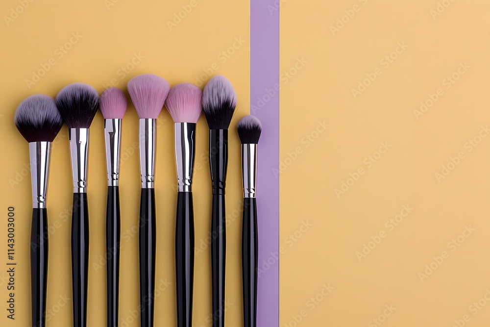 Black-handled makeup brushes arranged on a yellow and purple background, Minimalistic beauty and cosmetics tools concept Black-handled makeup brushes arranged on a yellow and purple background, Minimalistic beauty and cosmetics tools concept