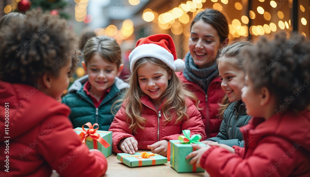 Happy children and adult celebrating Christmas with gifts at holiday market Happy children and adult celebrating Christmas with gifts at holiday market