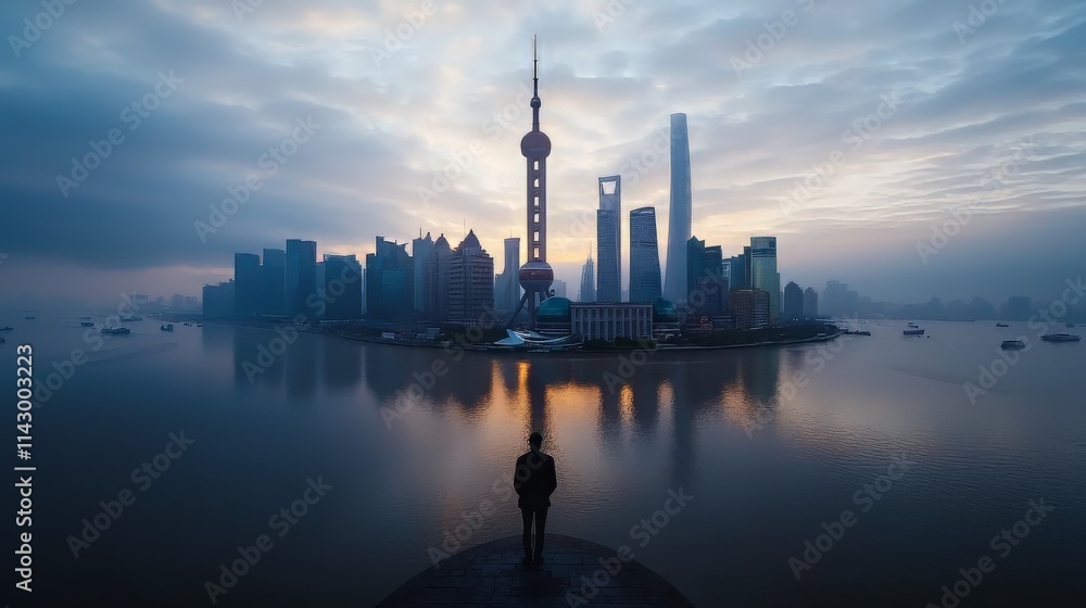 Naklejka premium Person Gazing at City from Bridge