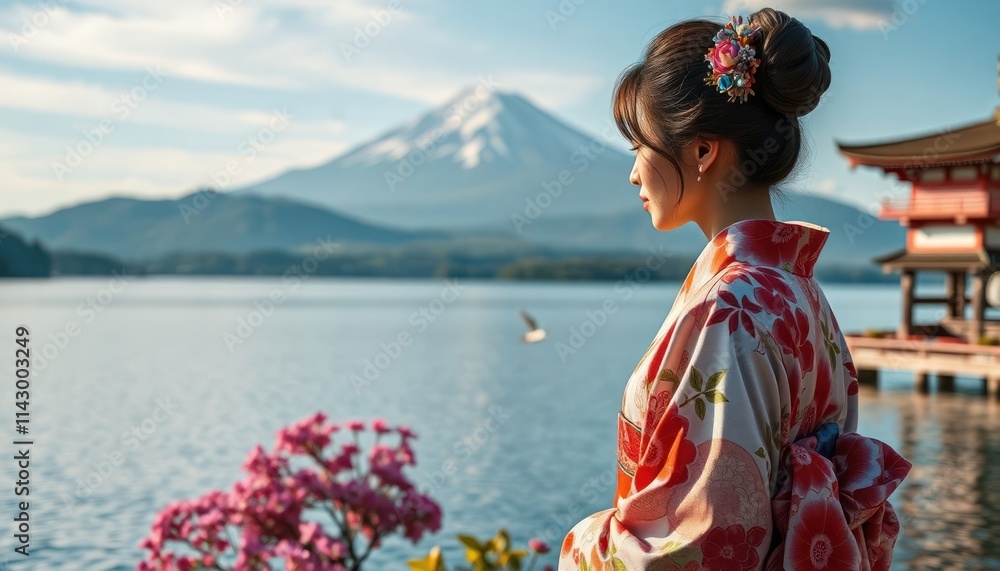 Asian woman in traditional kimono stands by Kawaguchiko lake. Fuji mountain stands majestically in background. Lake calm, blue. Woman looks peaceful at scenic spot. Traditional Japanese architecture Asian woman in traditional kimono stands by Kawaguchiko lake. Fuji mountain stands majestically in background. Lake calm, blue. Woman looks peaceful at scenic spot. Traditional Japanese architecture