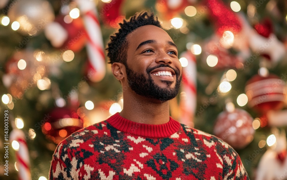A man wearing a bold patterned holiday sweater, smiling against a festive background of garlands and candy canes A man wearing a bold patterned holiday sweater, smiling against a festive background of garlands and candy canes