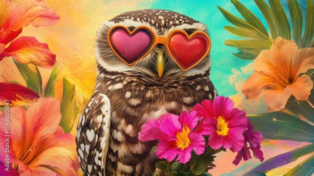 Fototapeta premium A cute owl sporting heart-shaped sunglasses stands amidst bright flowers and lush greenery, creating a cheerful and lively tropical atmosphere. Generative AI