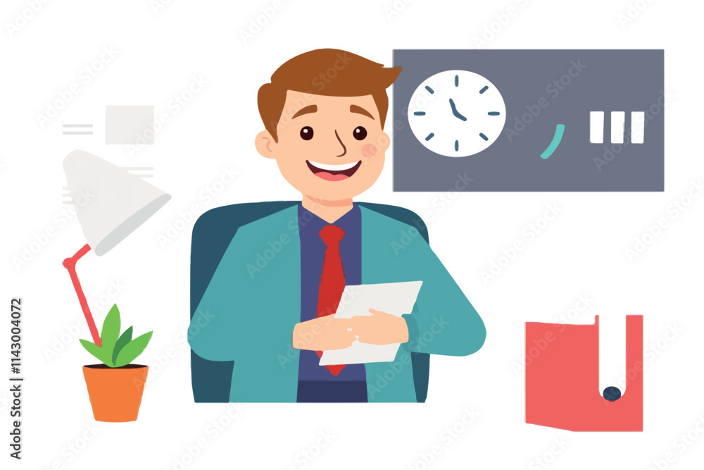 Cartoon Businessman Working at Office Desk Cartoon Businessman Working at Office Desk