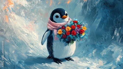 A cheerful penguin dressed in a warm scarf carries a vibrant bouquet of flowers in a wintry setting filled with soft snow and gentle hues. Generative AI photo