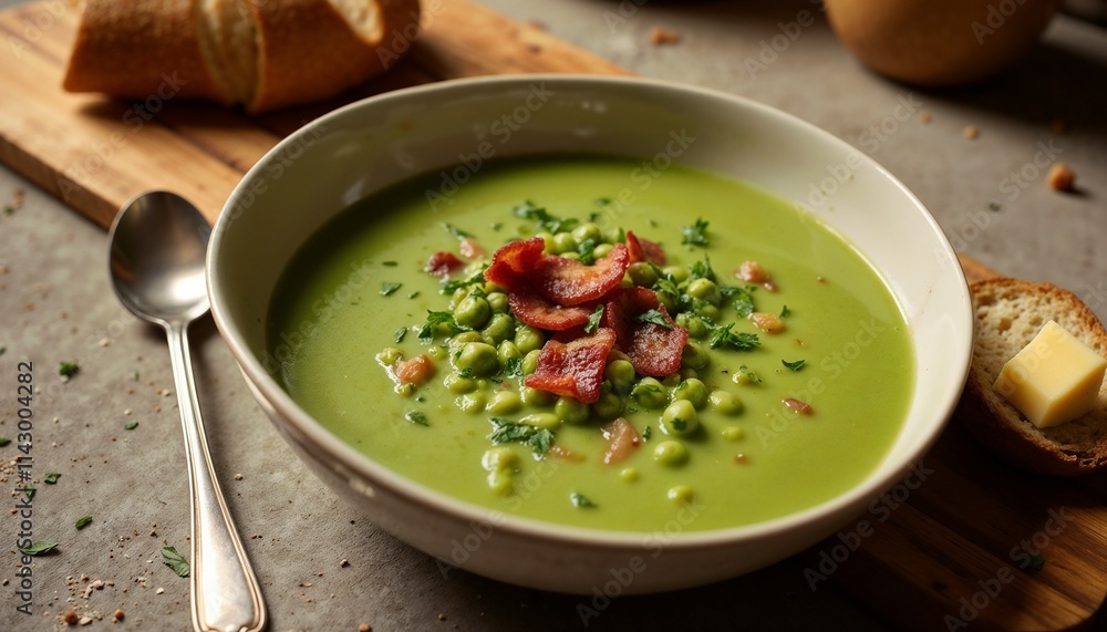 Cozy dining scene with split pea soup, smoked bacon, crusty bread, and fresh herbs, homely atmosphere Cozy dining scene with split pea soup, smoked bacon, crusty bread, and fresh herbs, homely atmosphere