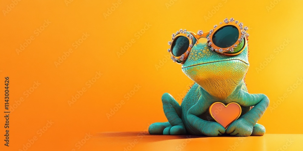 A vibrant frog, adorned with large sunglasses, sits contentedly holding a heart. The background radiates a lively orange hue, enhancing the joyful atmosphere. Generative AI A vibrant frog, adorned with large sunglasses, sits contentedly holding a heart. The background radiates a lively orange hue, enhancing the joyful atmosphere. Generative AI