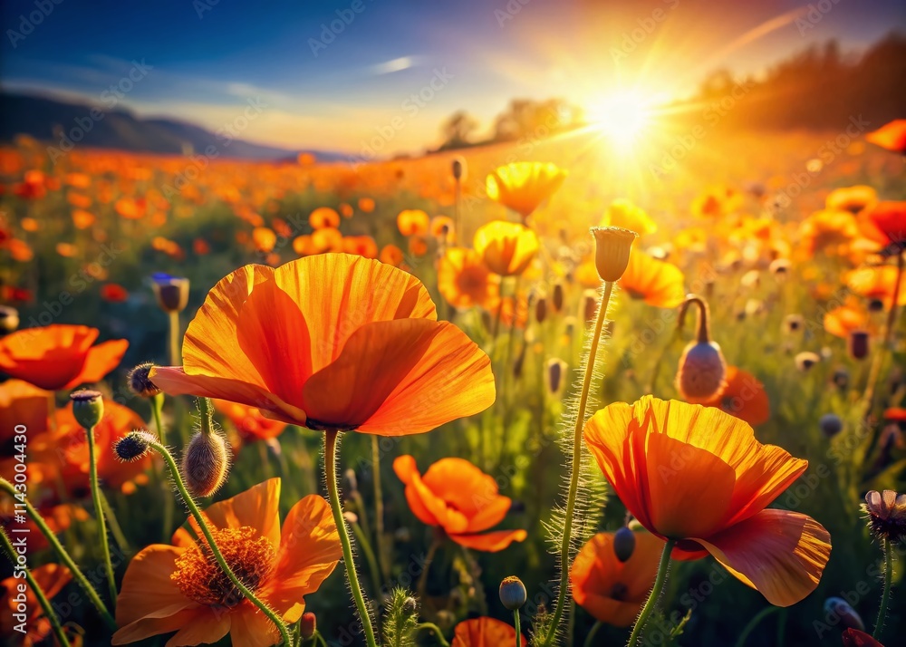 Fototapeta premium Vintage Orange Poppies & Wildflowers: Sun-Drenched Summer Meadow Photography