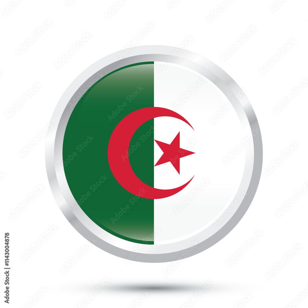 Algeria National official flag button round glossy button shiny 3D badge chrome vector illustration isolated on white background for National day of Algeria, Independence Day of Algeria 5 July banner Algeria National official flag button round glossy button shiny 3D badge chrome vector illustration isolated on white background for National day of Algeria, Independence Day of Algeria 5 July banner