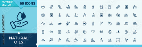 Natural Oils icon set. Contains related to therapy, gas, nature, drilling, oil and more. Thin outline icons pack. Solid line editable stroke. Vector line and solid icons.