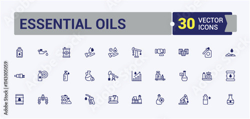 Essential Oils vector line icon set. Icon oil, product, plant, fuel, medical and more. Minimalistic icon. Vector line and solid icons.