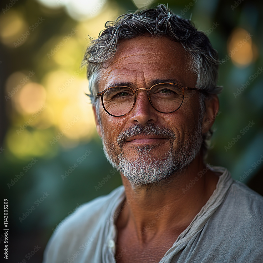A relaxed, attractive, smiling middle-aged man enjoying a sunny day outdoors, dressed in casual attire, with soft natural lighting and a vibrant yet calm background.