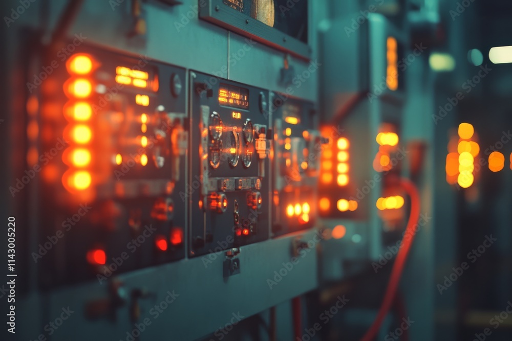 A row of glowing orange indicator lights adorns an industrial control panel, casting a warm glow in a dimly lit room. A row of glowing orange indicator lights adorns an industrial control panel, casting a warm glow in a dimly lit room.