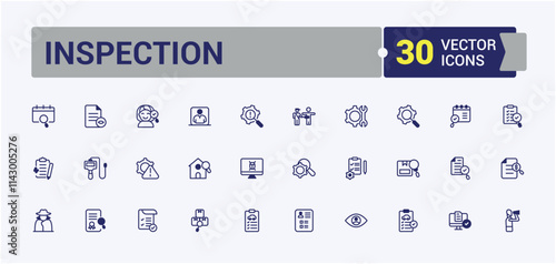 Inspection lined icons set. It contains symbols to research, approve, quality, app, control and more. Thin outline icons pack. Editable vector outline and solid icons.