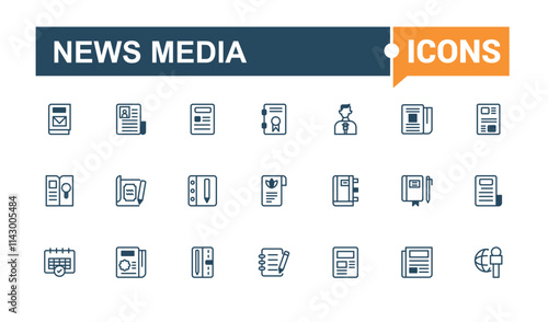 News Media icon collection. Contains such icons as radio, Journalism, information, advertising, man, telecom, marketing. Minimalistic icon. Editable vector outline and solid icons.