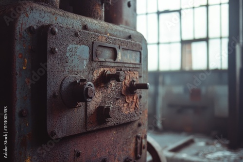 An old, rusted machine stands silently in a dimly lit industrial space, telling stories of a bygone era and giving a glimpse of history. photo