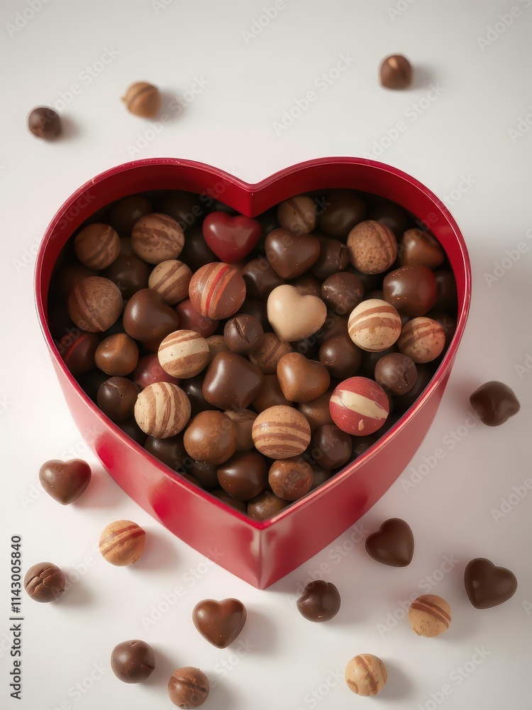 A heart-shaped box overflowing with assorted chocolate candies, romantic, valentine, sweet treat A heart-shaped box overflowing with assorted chocolate candies, romantic, valentine, sweet treat