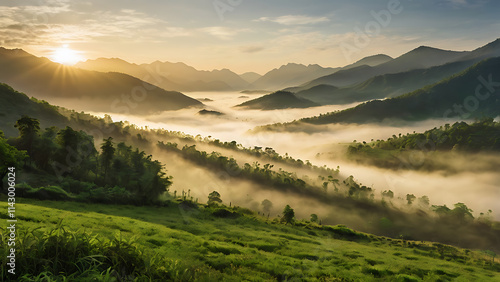 Golden Sunrise Over Misty Mountains and Green Valleys