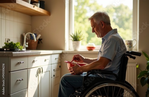 Elderly man in wheelchair mixing ingredients in kitchen.