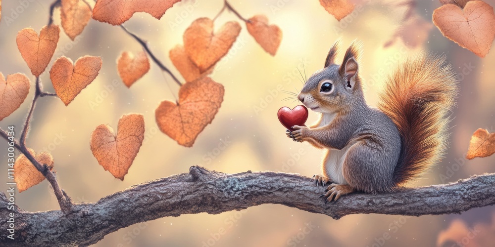 A small squirrel embraces a red heart as it sits on a tree branch, surrounded by beautiful autumn leaves shaped like hearts in a peaceful setting. Generative AI A small squirrel embraces a red heart as it sits on a tree branch, surrounded by beautiful autumn leaves shaped like hearts in a peaceful setting. Generative AI