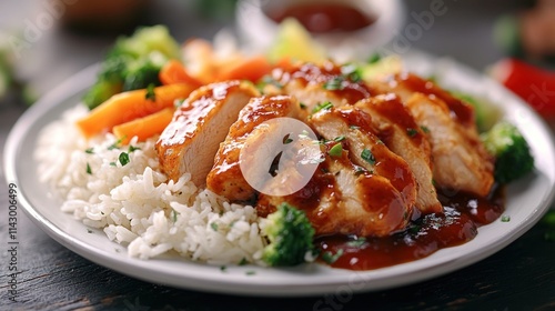 Glazed chicken breast slices served with rice and steamed vegetables.