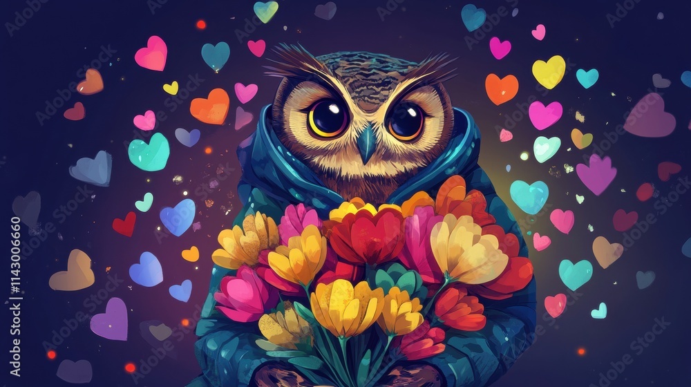 Obraz premium A charming owl dressed in a cozy hoodie clutches a vibrant bouquet of flowers surrounded by colorful heart shapes, creating a whimsical atmosphere. Generative AI