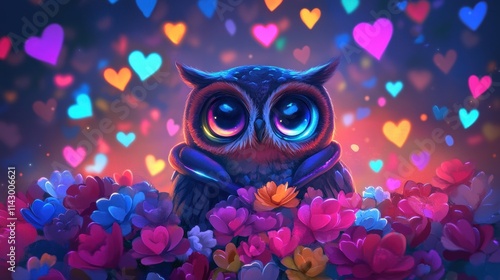 An adorable owl with large, vibrant eyes sits among bright flowers, illuminated by colorful heart shapes floating in the background, creating a magical atmosphere. Generative AI photo