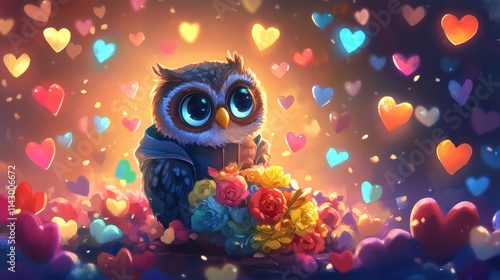 A charming owl sits with big, expressive eyes, surrounded by glowing hearts while holding a vibrant bouquet of flowers in a lively atmosphere. Generative AI