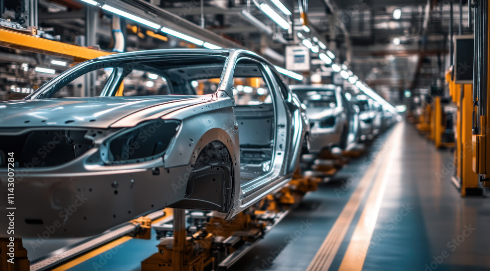 The production line features several cars in the process of assembly within a contemporary manufacturing facility. Workers efficiently manage the installation of components and parts. The production line features several cars in the process of assembly within a contemporary manufacturing facility. Workers efficiently manage the installation of components and parts.