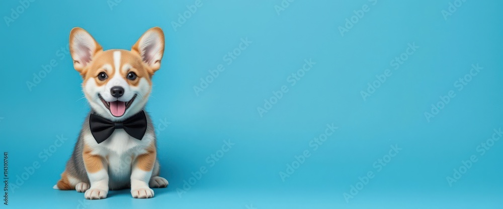 Adorable corgi puppy wearing a bow tie on a blue background. Adorable corgi puppy wearing a bow tie on a blue background.