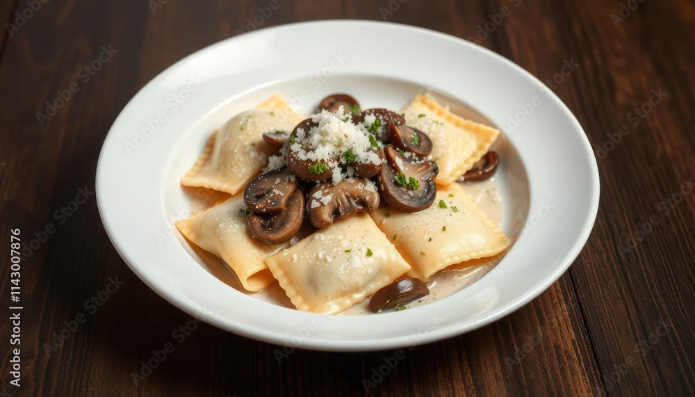 Ravioli dish with truffle cream sauce. Mushrooms and grated parmesan cheese on top. Delicious italian pasta dish. Great for dinner or menu. Savory comfort food. Ravioli dish with truffle cream sauce. Mushrooms and grated parmesan cheese on top. Delicious italian pasta dish. Great for dinner or menu. Savory comfort food.
