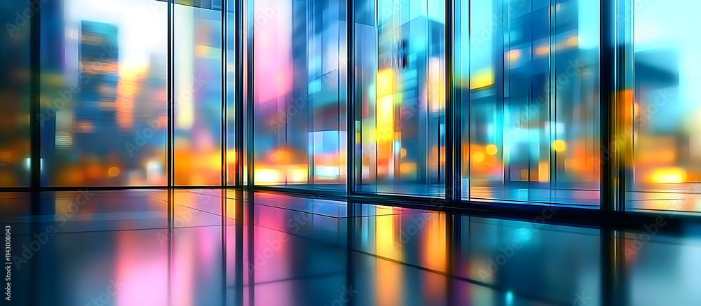 Abstract urban scene with glass structures reflecting colorful lights, creating a modern and futuristic cityscape with blurred background. Abstract urban scene with glass structures reflecting colorful lights, creating a modern and futuristic cityscape with blurred background.