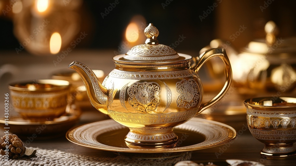 Golden teapot and teacup sets add a touch of elegance to any tea time gathering. Golden teapot and teacup sets add a touch of elegance to any tea time gathering.