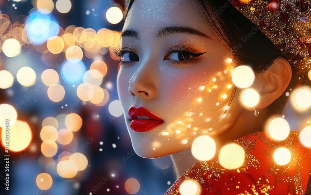 A fashionable Japanese woman with radiant highlighter and vibrant red lipstick, framed by a festive Christmas market scene A fashionable Japanese woman with radiant highlighter and vibrant red lipstick, framed by a festive Christmas market scene