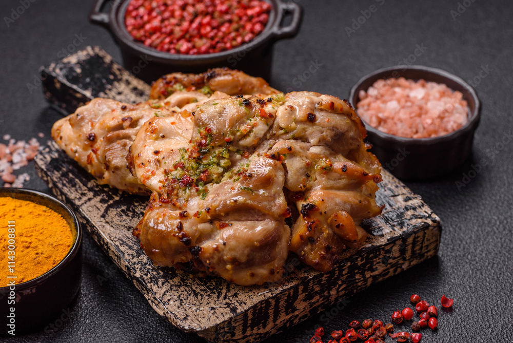 Grilled boneless chicken thigh with salt, spices and herbs