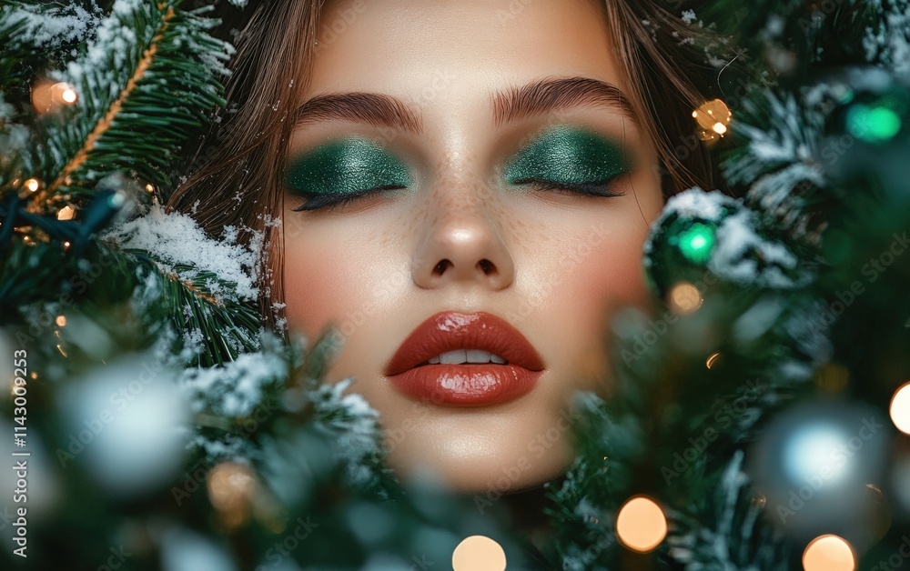 A chic woman with bold emerald green eyeshadow, subtle highlighter, and glossy red lips, framed by twinkling ornaments and snowy greenery A chic woman with bold emerald green eyeshadow, subtle highlighter, and glossy red lips, framed by twinkling ornaments and snowy greenery
