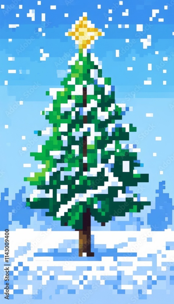 Pixel art Christmas tree with star on top in snowy landscape. Retro 8-bit style evokes nostalgia, perfect for digital projects, festive games, holiday cards, creative designs celebrating winter charm. Pixel art Christmas tree with star on top in snowy landscape. Retro 8-bit style evokes nostalgia, perfect for digital projects, festive games, holiday cards, creative designs celebrating winter charm.