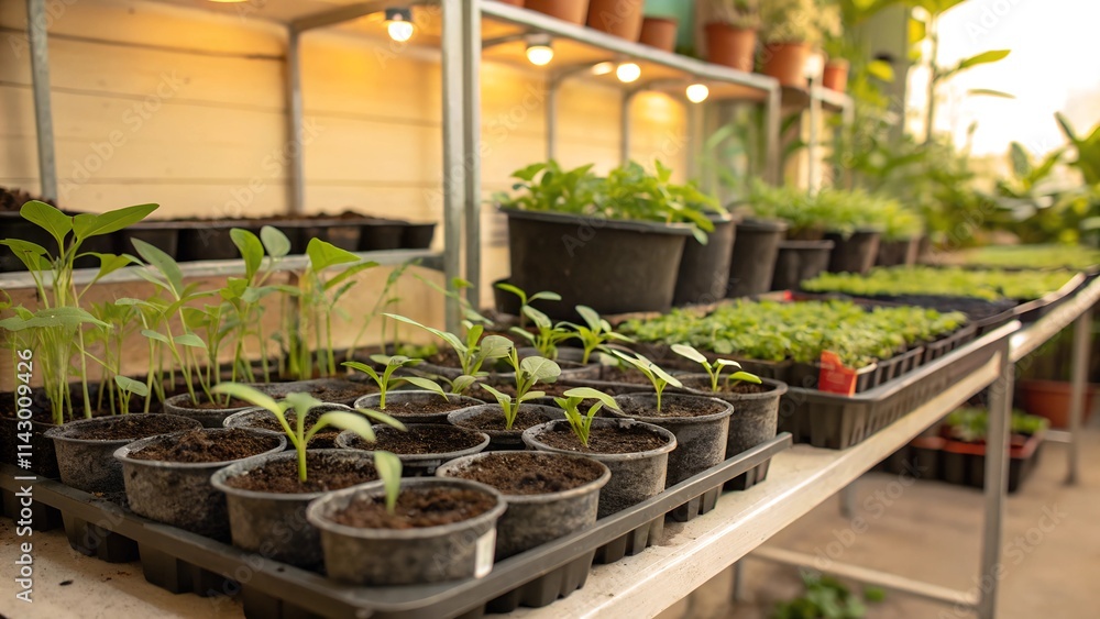 A well-organized greenhouse filled with rows of young seedlings growing in pots and trays. A well-organized greenhouse filled with rows of young seedlings growing in pots and trays.
