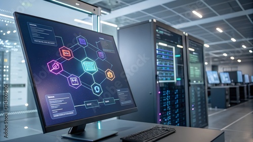 A modern data center with rows of servers and a large monitor displaying network connectivity photo