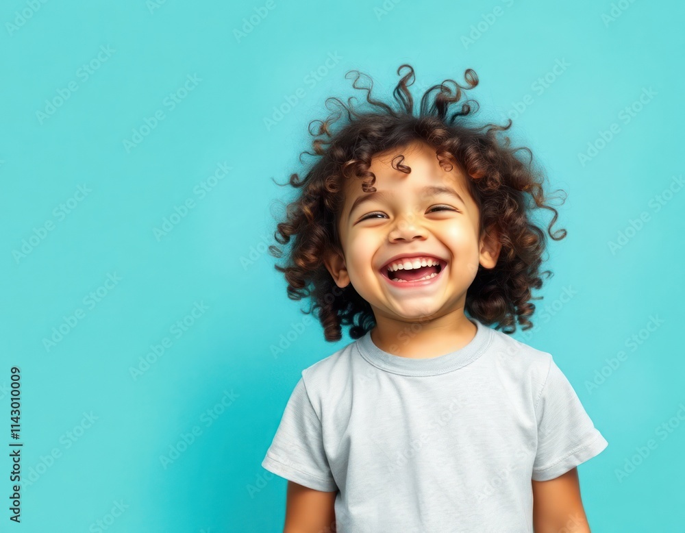 Adorable toddler boy with curly hair laughs brightly against teal background. Studio shot. Child wears casual attire. Expression of joy, innocence. Playful, happy. Image evokes carefree youth. Image Adorable toddler boy with curly hair laughs brightly against teal background. Studio shot. Child wears casual attire. Expression of joy, innocence. Playful, happy. Image evokes carefree youth. Image