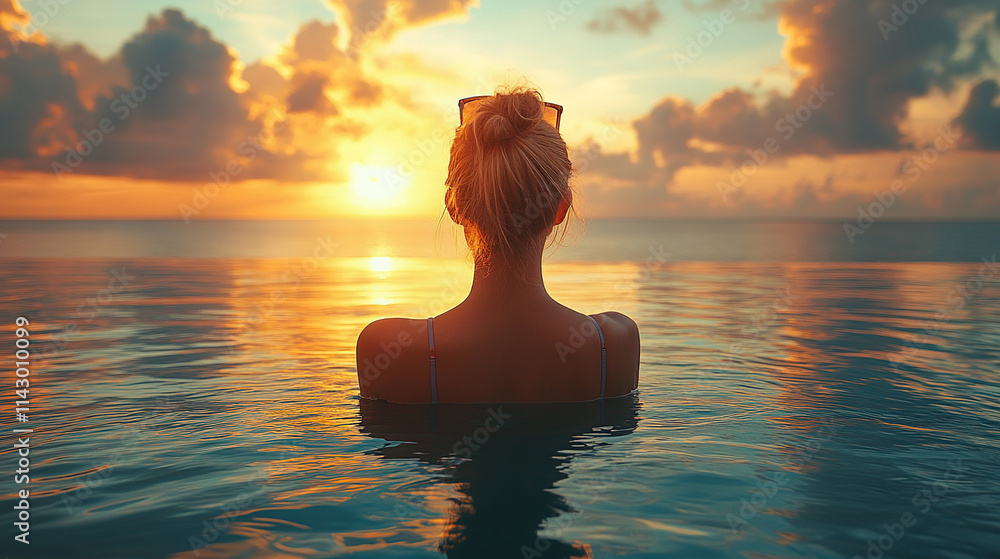 A woman by a luxurious pool during her summer vacation, overlooking the ocean in a sunny resort, dressed in chic swimwear and sunglasses. A woman by a luxurious pool during her summer vacation, overlooking the ocean in a sunny resort, dressed in chic swimwear and sunglasses.