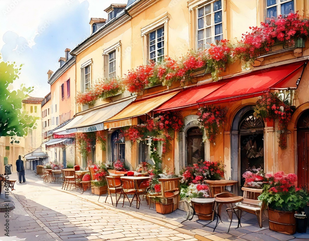 Fototapeta premium Charming watercolor European street café with outdoor seating and flower boxes