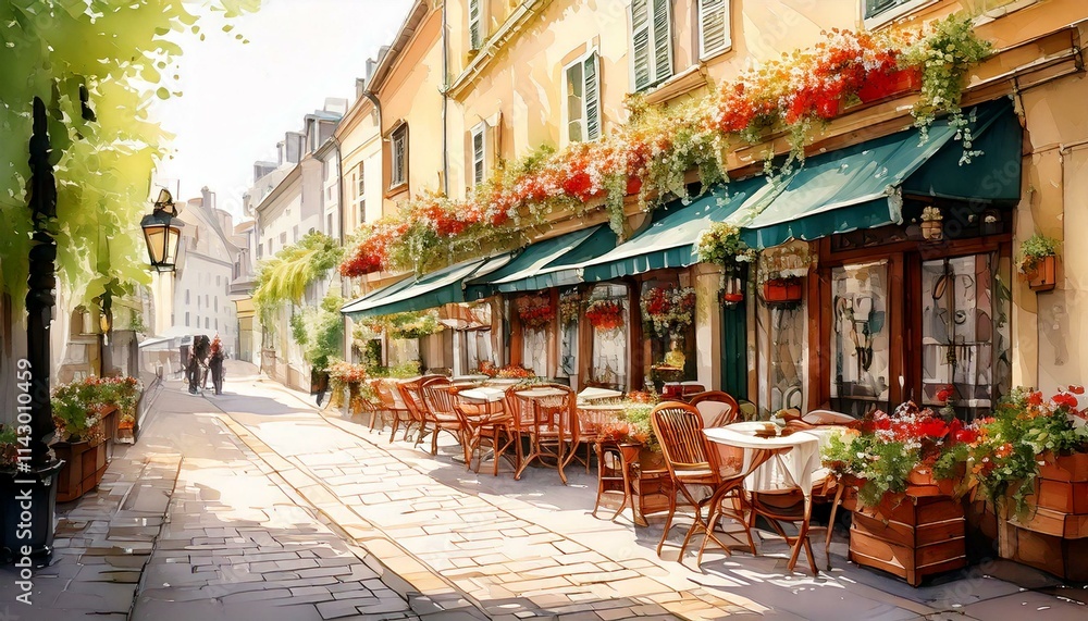 Naklejka premium Charming watercolor European street café with outdoor seating and flower boxes