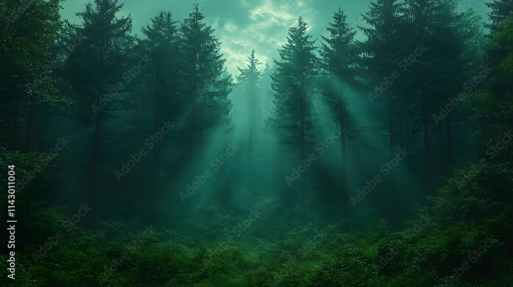 An Ancient Forest Filled with Tall Trees and Mystical Fog Providing Enchantment An Ancient Forest Filled with Tall Trees and Mystical Fog Providing Enchantment