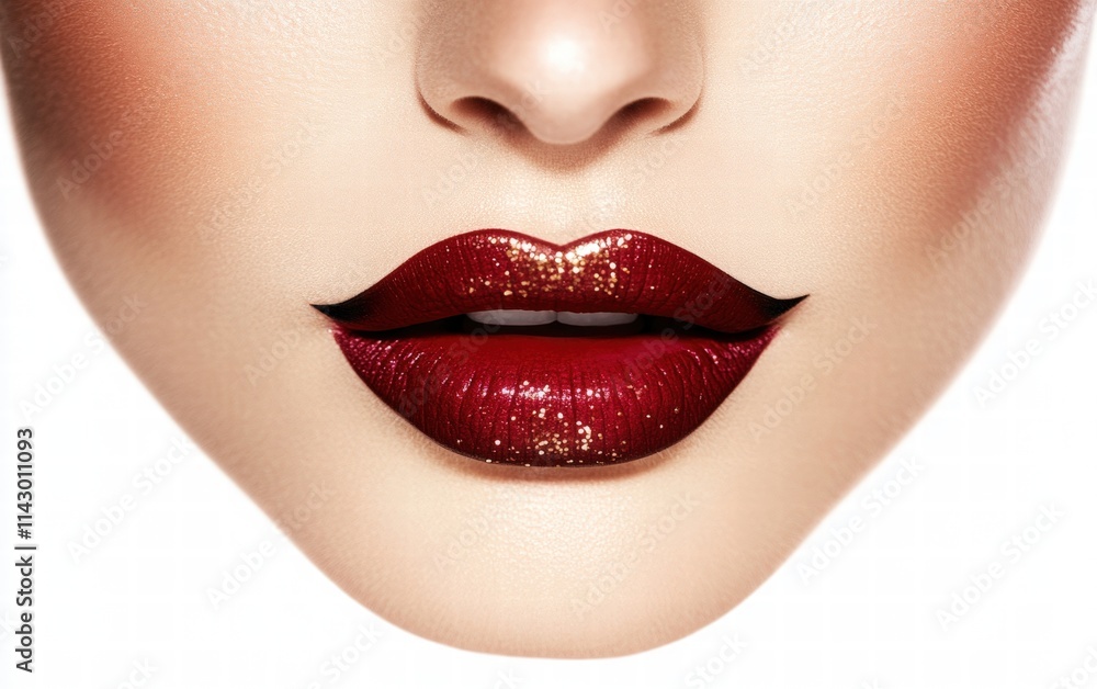 A glamorous woman with dramatic winged eyeliner, sparkling bronze eyeshadow, and matte crimson lips on a bright white background A glamorous woman with dramatic winged eyeliner, sparkling bronze eyeshadow, and matte crimson lips on a bright white background